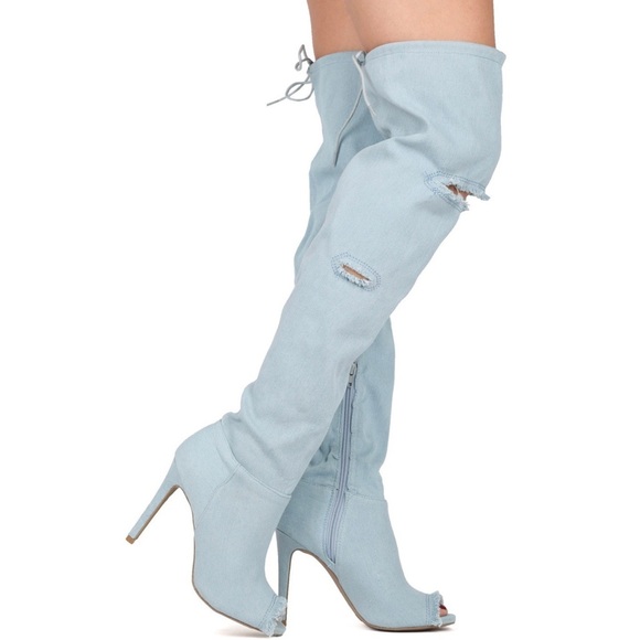 👖Frayed Light Denim Peep Toe Thigh Boots - Picture 5 of 6